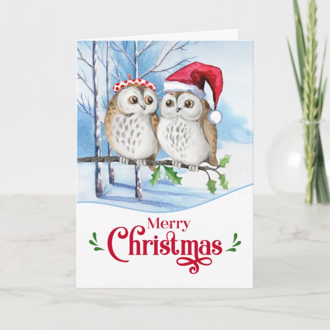 Merry Christmas Woodland Owl Couple Holiday Card (Front)