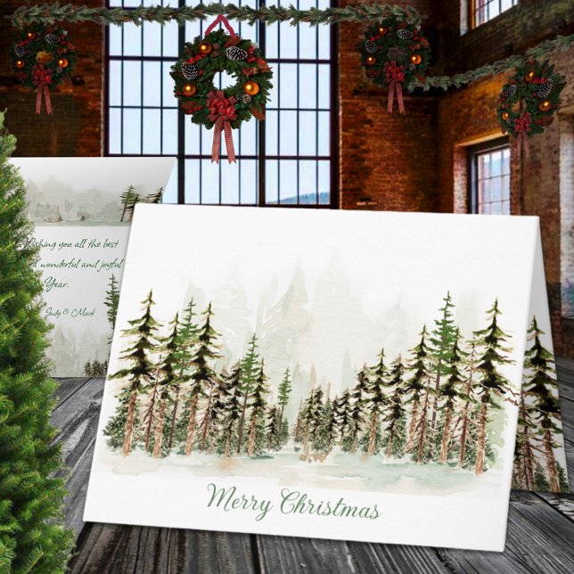 Merry Christmas Woodland Pine Forest Watercolor Holiday Card (Merry Christmas Woodland Pine Forest Watercolor Holiday Wraparound Graphics Folded Card)