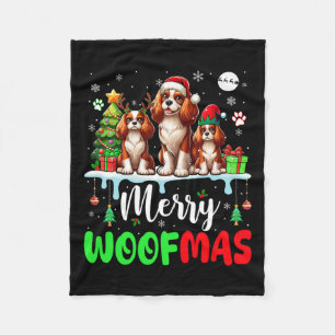 Merry Christmas Woof Three Santa Elf King Charles Fleece Blanket