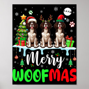 Merry Christmas Woof Three Santa English Springer  Poster