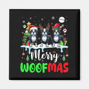 Merry Christmas Woof Three Santa Reindeer Boston T Magnet
