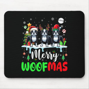Merry Christmas Woof Three Santa Reindeer Boston T Mouse Pad