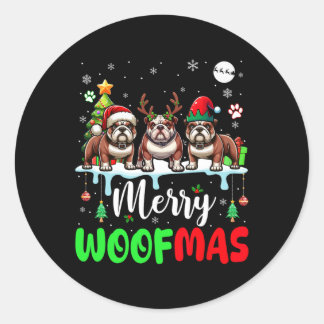 Merry Christmas Woof Three Santa Reindeer Elf Bull Classic Round Sticker