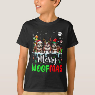 Merry Christmas Woof Three Santa Reindeer Elf Bull T-Shirt
