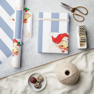 Merry Christmas Wrapping Blue & White Stripe Santa Paper