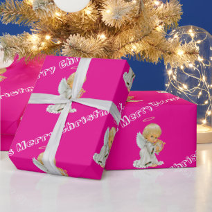 Merry Christmas Wrapping Paper Baby Pink Angel