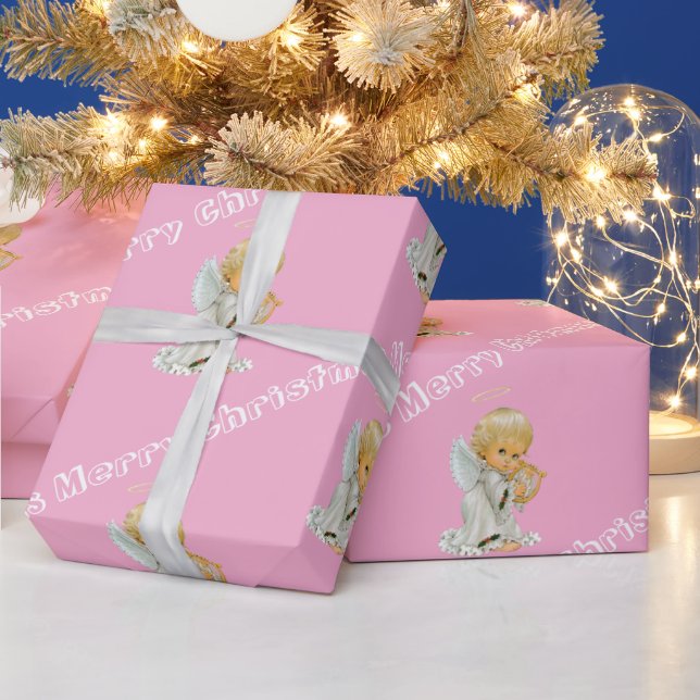 Merry Christmas Wrapping Paper Baby Pink Angel  (Holidays)