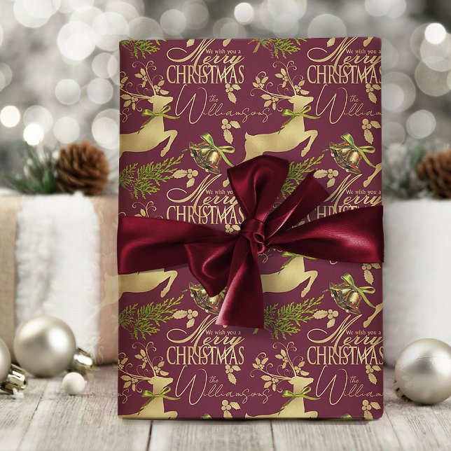 Merry Christmas Wrapping Paper Elegant Reindeer (elegant burgundy red and gold Christmas wrapping paper with personalized name or text)