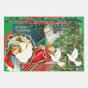 MERRY CHRISTMAS Wrapping Paper Flat Sheet Set of 3