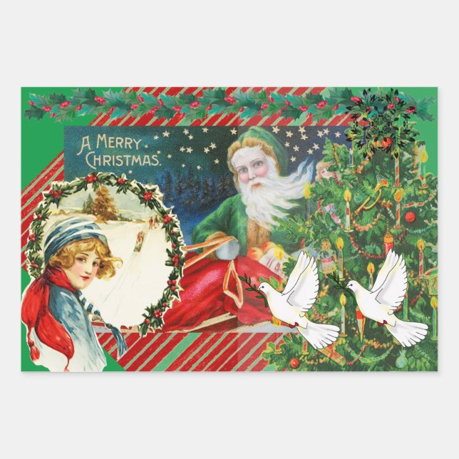MERRY CHRISTMAS Wrapping Paper Flat Sheet Set of 3 (Front)