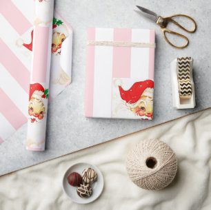 Merry Christmas Wrapping Pink & White Stripe Santa Paper