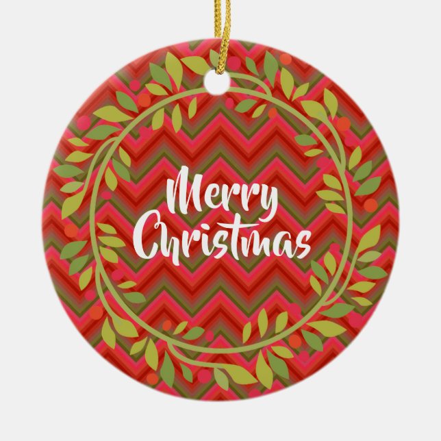 Merry Christmas Wreath and Chevron Retro Ceramic Tree Decoration (Front)