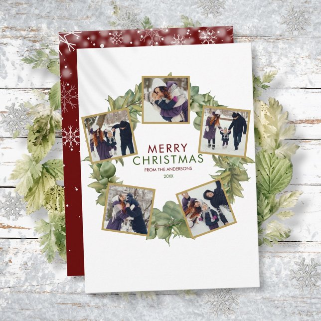 Merry Christmas Wreath Burgundy 5 Photo Holiday Card (Merry Christmas Wreath Burgundy 5 Photo Holiday Card)