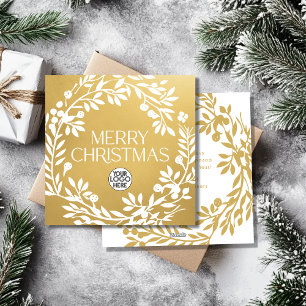 Merry Christmas Wreath Business Logo Faux Gold Holiday Card