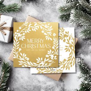 Merry Christmas Wreath Business Name Faux Gold Holiday Card