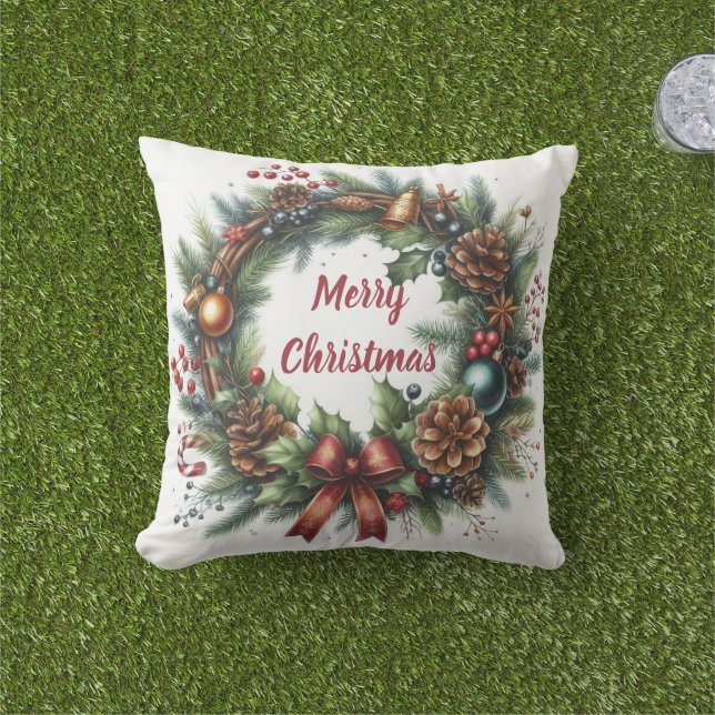 Merry Christmas Wreath  Cushion (Grass)