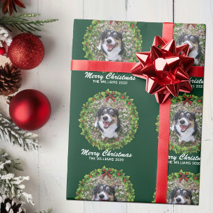 Merry Christmas Wreath Custom Dog Photo Green Wrapping Paper