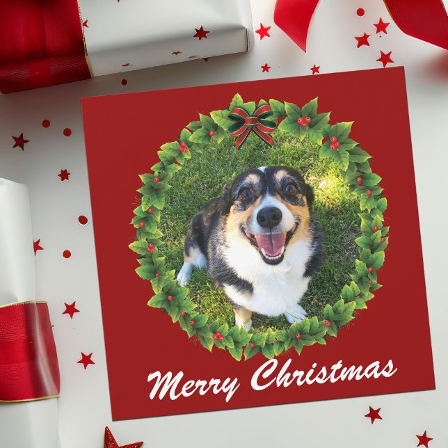 Merry Christmas Wreath Custom Dog Photo Holiday Card (Creator Uploaded)