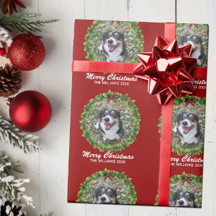 Merry Christmas Wreath Custom Dog Photo Red Wrapping Paper