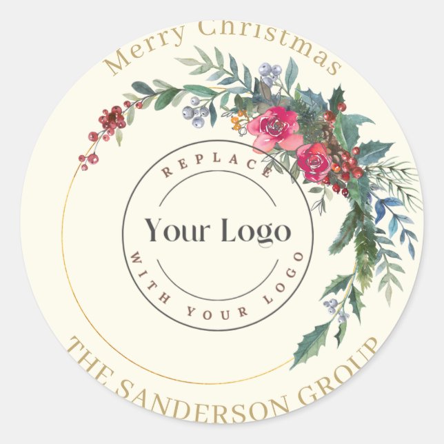Merry Christmas Wreath Custom Logo Round Sticker (Front)
