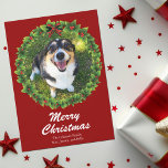 Merry Christmas Wreath Custom Pet Photo Holiday Card<br><div class="desc">Beautiful custom pet Christmas card featuring a green holiday wreath on a red background. Replace with your dog's photo in the centre of the wreath or add a cat picture for your friends and family. Merry Christmas is written in white.</div>