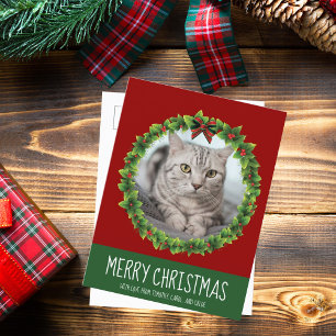 Merry Christmas Wreath Cute Custom Cat Photo Red Postcard