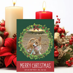 Merry Christmas Wreath Cute Custom Dog Photo Green Holiday Card