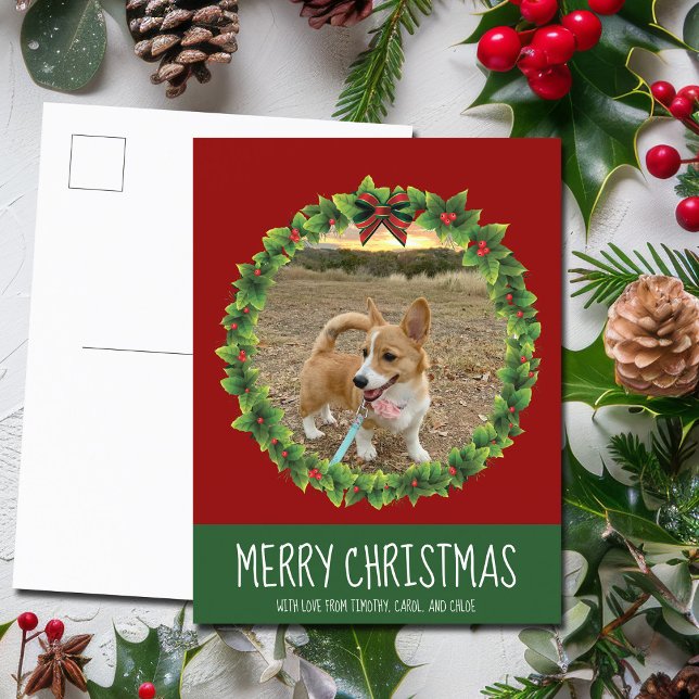 Merry Christmas Wreath Cute Custom Dog Photo Red Postcard (Creator Uploaded)