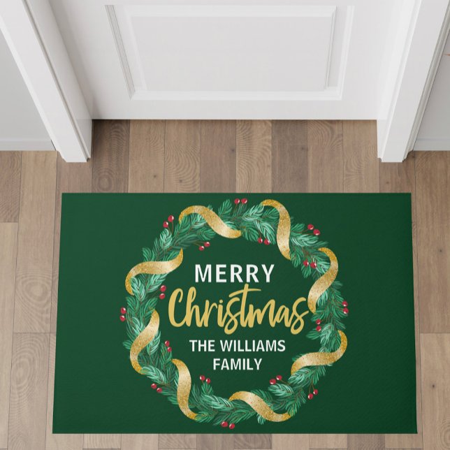 Merry Christmas Wreath Family Monogram Green Doormat (Creator Uploaded)