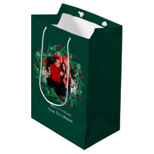 Merry Christmas Wreath Family Photo Personalized Medium Gift Bag