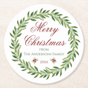 Merry Christmas Wreath Family  Round Paper Coaster