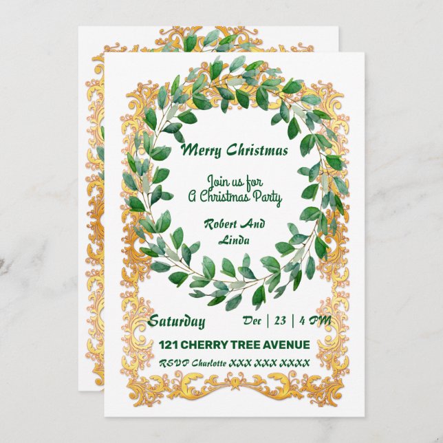 Merry Christmas Wreath Gold Frame Party Invitation (Front/Back)