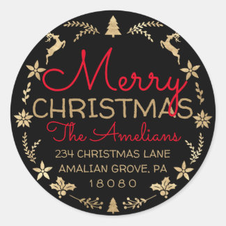 Merry Christmas Wreath Gold Rustic RSVP Black Classic Round Sticker