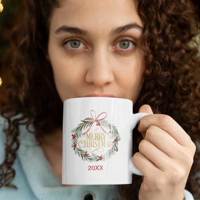 Merry Christmas Wreath Holiday Coffee Mug (Modern Elegant Merry Christmas Mug)