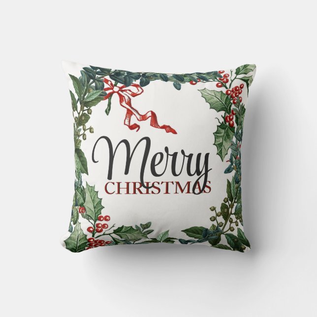 Merry Christmas Wreath Holiday Greenery Bow  Cushion (Front)