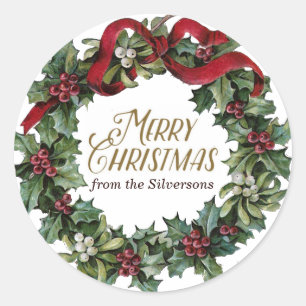 Merry Christmas Wreath Holly Mistletoe Customised Classic Round Sticker