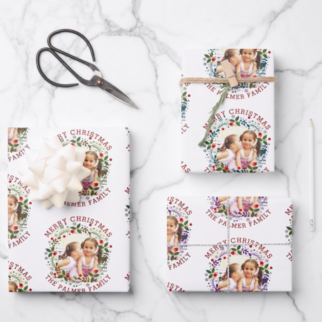 Merry Christmas wreath in red blue purple photo Wrapping Paper Sheet (Front)