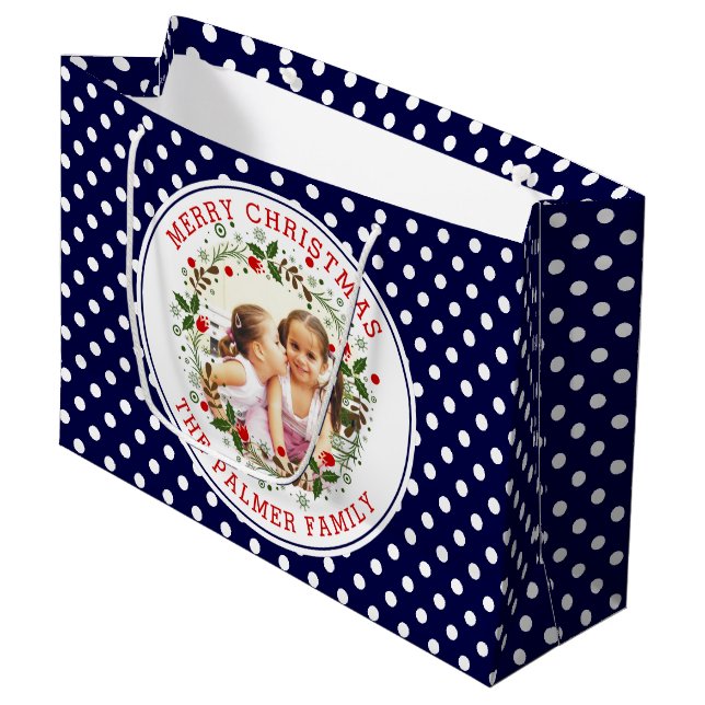 Merry Christmas wreath navy blue dots photo Large Gift Bag (Front Angled)