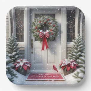 Merry Christmas Wreath On House Door Paper Plate
