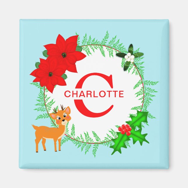 Merry Christmas Wreath Personalised Monogram Magnet (Front)