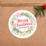 Merry Christmas Wreath Personalised Script Classic Round Sticker<br><div class="desc">A watercolor Christmas wreath Sticker. Personalise it for your Holiday Cards. Designed for you by Blackberry Boulevard.</div>
