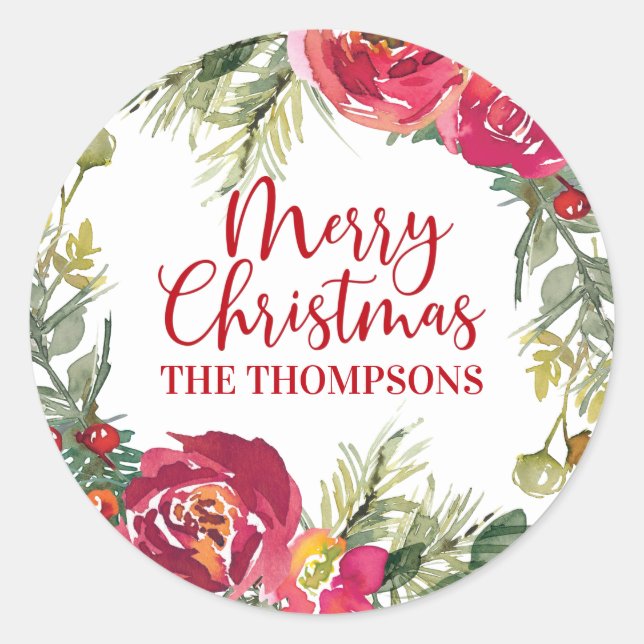 Merry Christmas Wreath Personalised Script Classic Round Sticker (Front)