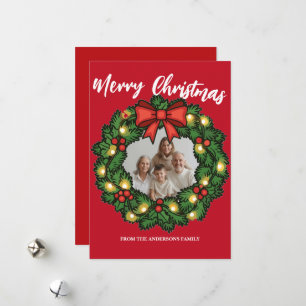 Merry Christmas Wreath Photo Holiday Family Name Card