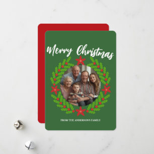 Merry Christmas Wreath Photo Holiday Family Name Card