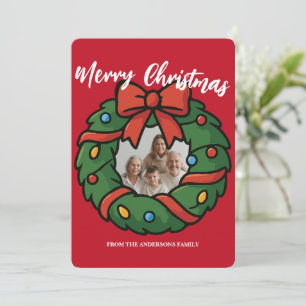 Merry Christmas Wreath Photo Holiday Family Name Card