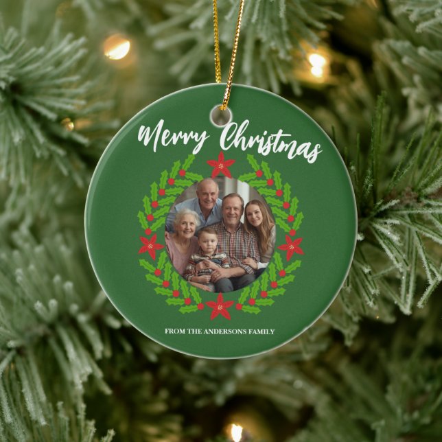 Merry Christmas Wreath Photo Holiday Family Name Ceramic Tree Decoration (Tree)