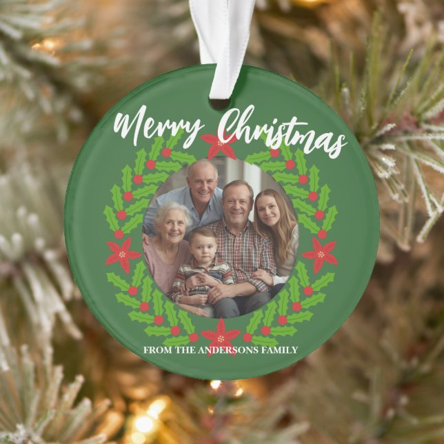 Merry Christmas Wreath Photo Holiday Family Name Ornament (Tree)