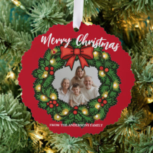 Merry Christmas Wreath Photo Holiday Family Name Tree Decoration Card