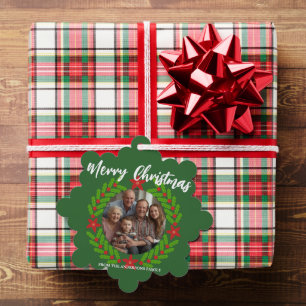Merry Christmas Wreath Photo Holiday Family Name Tree Decoration Card