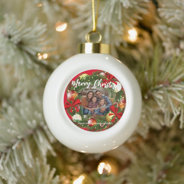 Merry Christmas Wreath Photo Personalized Family N Ceramic Ball Christmas Ornament (Tree)